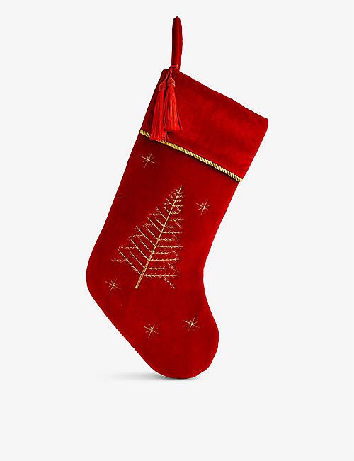 圣诞节：树形刺绣天鹅绒圣诞袜 46 厘米