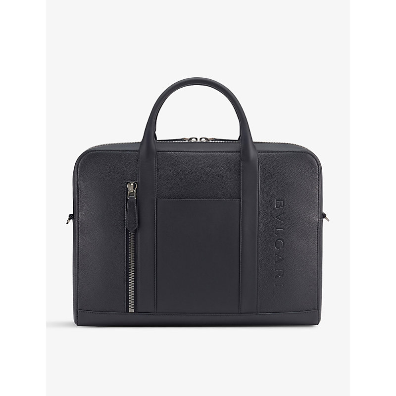 Bvlgari Mens Black Logo-embossed Leather Briefcase