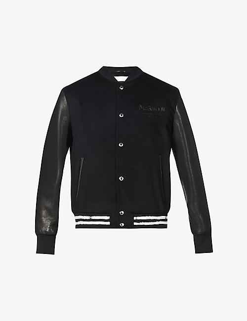 ALEXANDER MCQUEEN: Brand-embroidered striped-hem wool-and-cashmere-blend and leather jacket