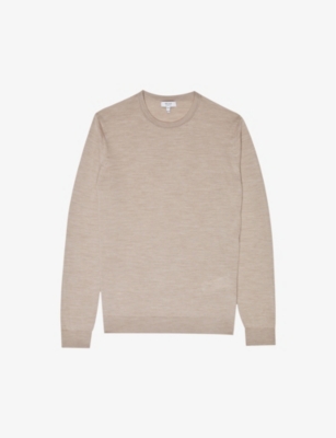 Reiss Mens Wheat Melange Wessex Crewneck Merino-wool Jumper