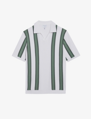 Reiss | White/sage Ricco Open Collar Striped Polo T-shirt In White/sage