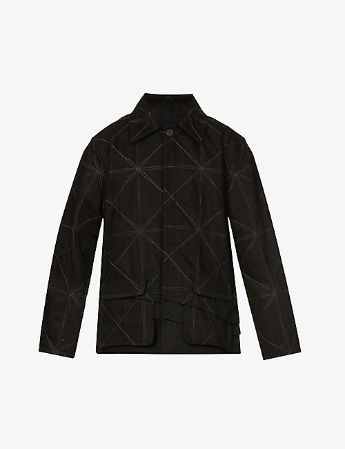 KUSIKOHC: Geometric-embroidered asymmetric-panel cotton-twill jacket