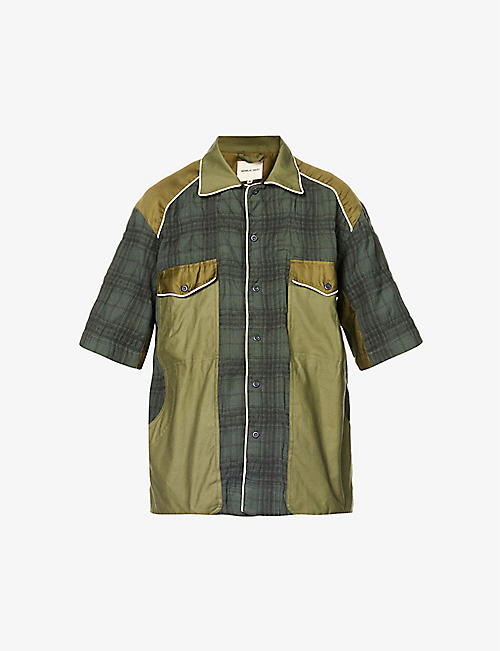 NICHOLAS DALEY: Plaid-pattern contrast-panel relaxed-fit cotton and wool-blend shirt