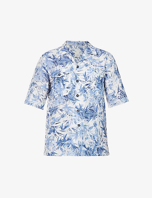 120% LINO: Palm-print short-sleeved regular-fit linen shirt