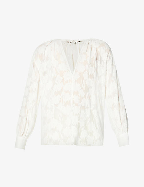 VINCE: Shirred floral-print silk-blend top