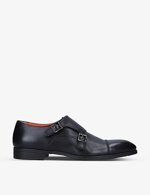 SANTONI: Simon double-buckle leather monk shoes