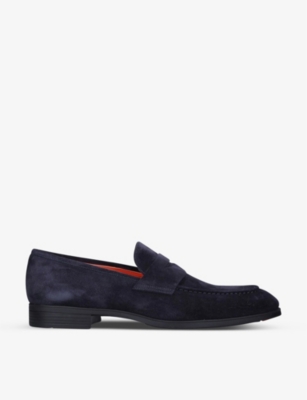 Santoni Imam Suede Penny Loafers In Navy