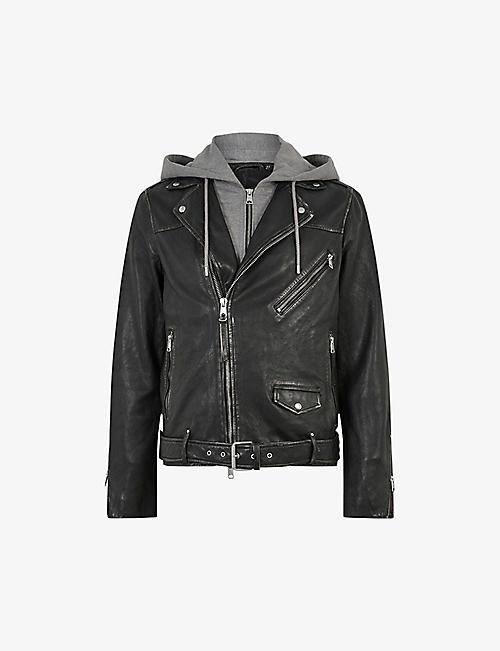 ALLSAINTS: Charter hoody-detail leather biker jacket