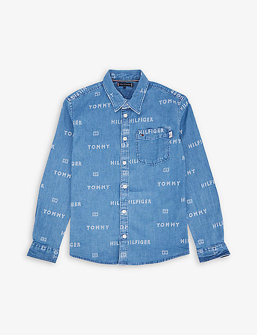 TOMMY HILFIGER: Logo-print long-sleeved relaxed-fit stretch-denim shirt 10-16 years