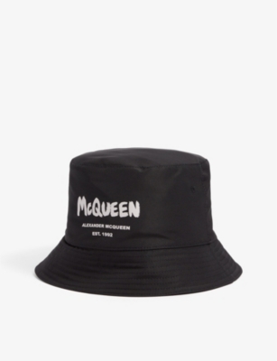 Alexander Mcqueen Men's Graffiti Logo Nylon Bucket Hat In Black/ivory