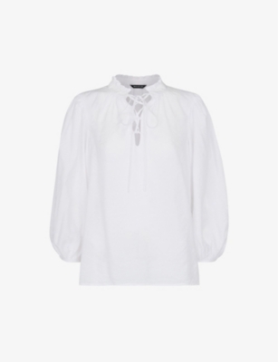 Whistles Womens White Tie-neck Relaxed-fit Woven Shirt
