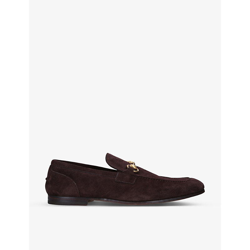 Shop Gucci Jordaan Horsebit-embellished Suede Loafers In Brown