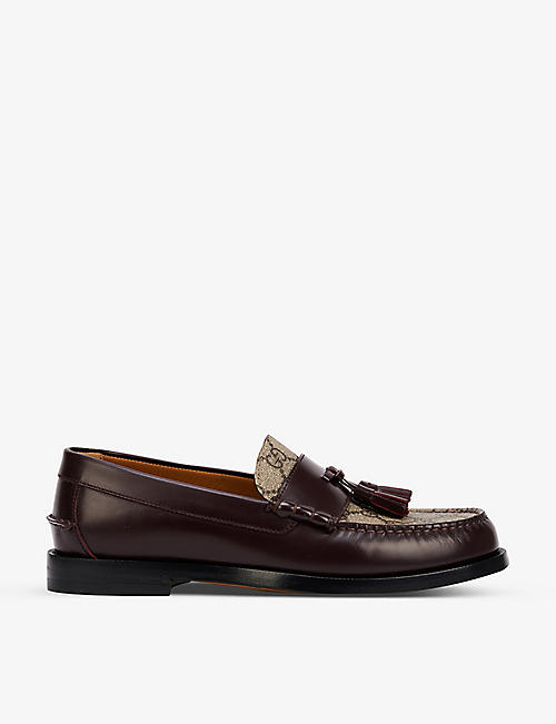 GUCCI: Kaveh logo-embellished leather and canvas tassel loafers