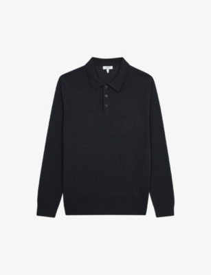 Reiss Trafford Merino Wool Regular Fit Long Sleeve Polo Shirt In Navy