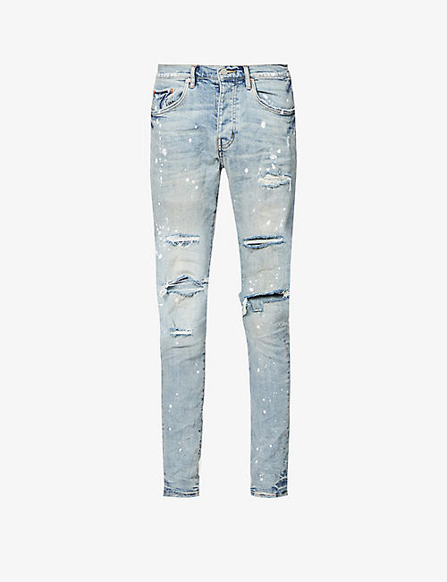 PURPLE DENIM: Distressed slim-fit stretch-denim jeans