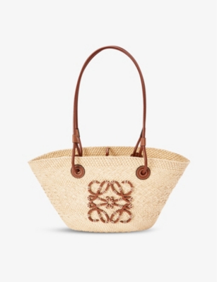 LOEWE LOEWE WOMEN'S NATURAL/TAN ANAGRAM SMALL IRACA PALM AND LEATHER BASKET BAG,56360401