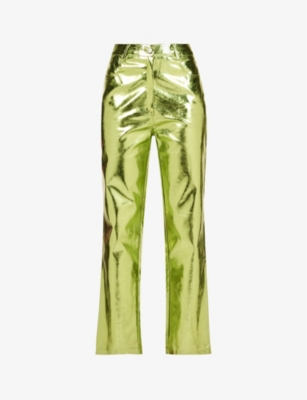 Amy Lynn High Rise Fluid Metallic Pants In Iridescent Green In Mint Green