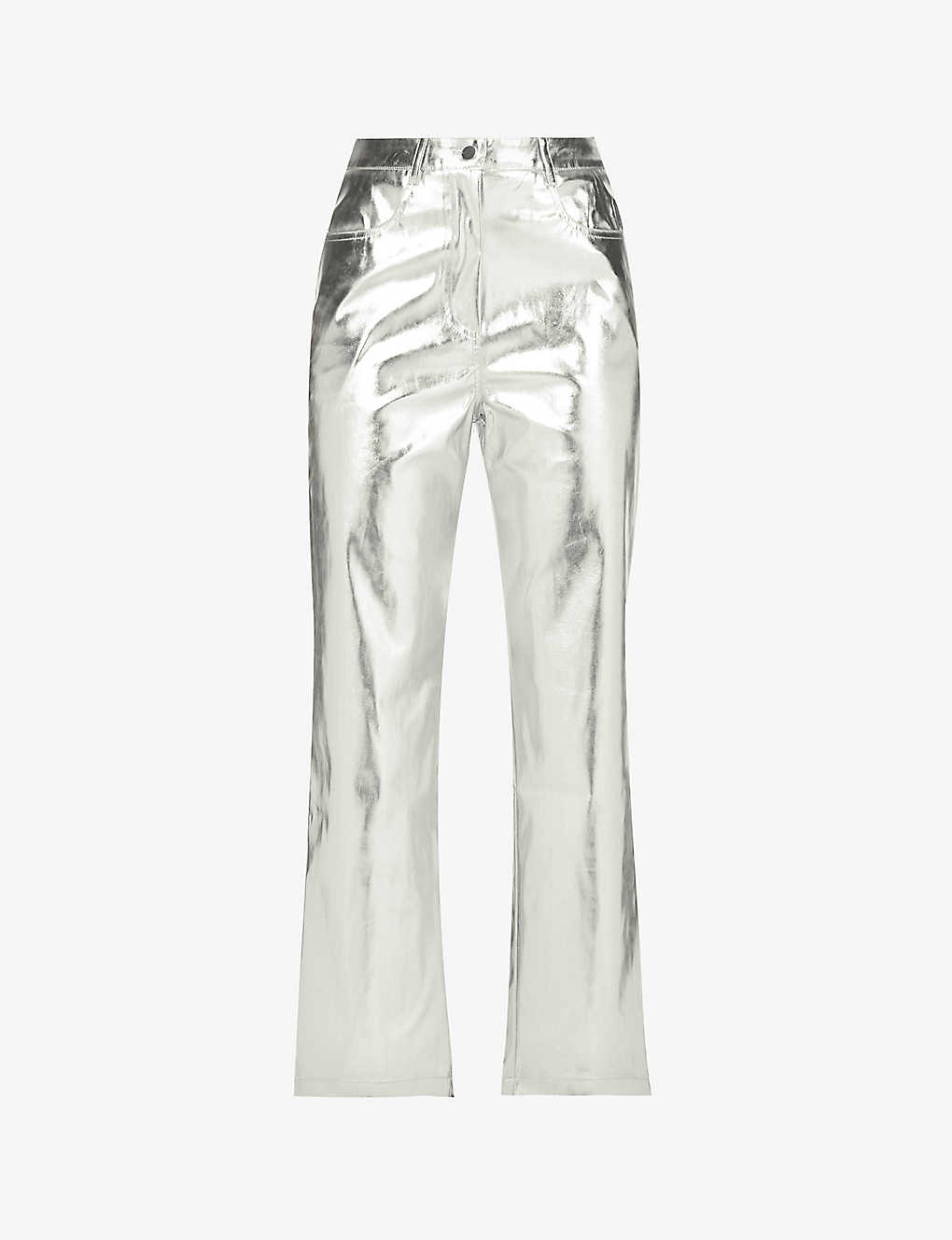 Amy Lynn Metallic Straight-leg High-rise Faux Leather Trousers In Silver