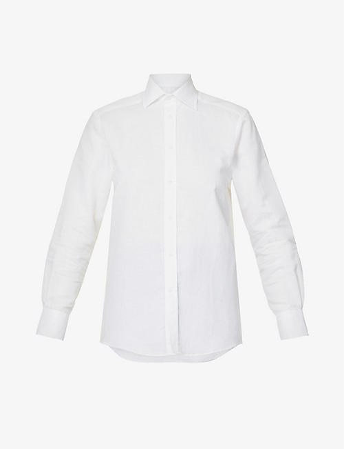 WITH NOTHING UNDERNEATH: The Boyfriend long-sleeved organic linen and organic cotton-blend shirt