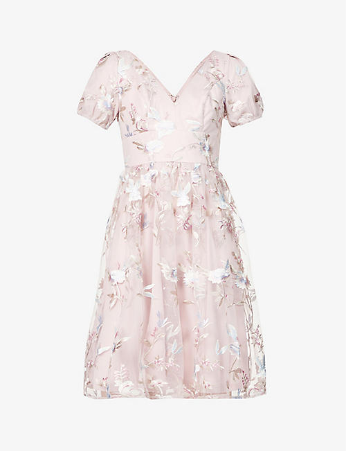 CHI CHI LONDON: Floral-embroidery tulle mini dress