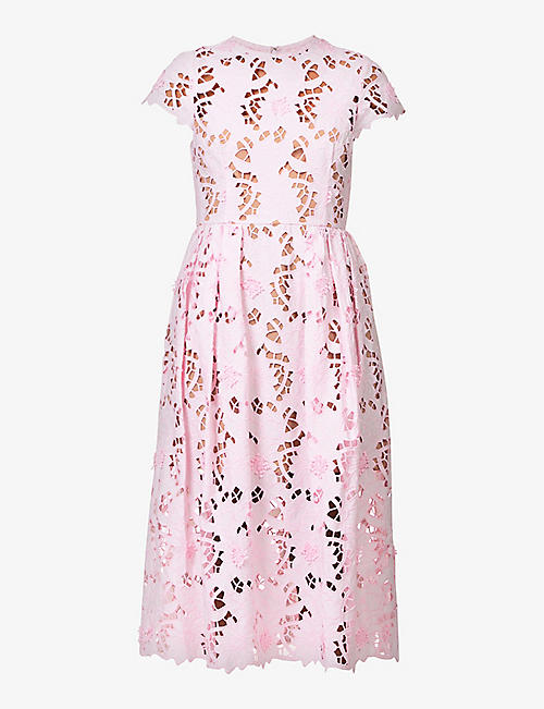 SELF PORTRAIT: Guipure floral-pattern cotton midi dress