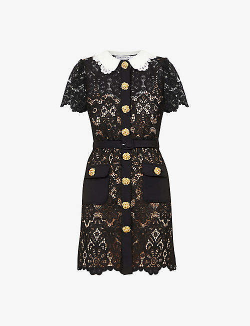 SELF-PORTRAIT: Collared broderie-pattern floral lace mini dress