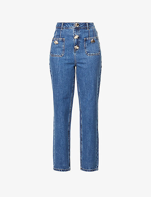 SELF PORTRAIT: Brand-appliqué cropped regular-fit mid-rise straight-leg jeans
