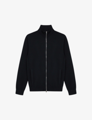 Reiss Mens Black Hampshire Funnel-neck Zip-through Merino-wool Cardigan