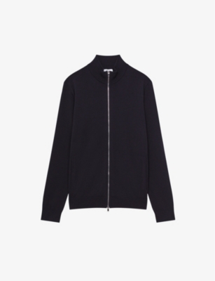 Reiss Hampshire Funnel-neck Zip-through Merino-wool Cardigan In Navy