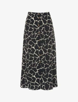 Whistles Giraffe-print Buttoned Woven Midi Skirt In Black