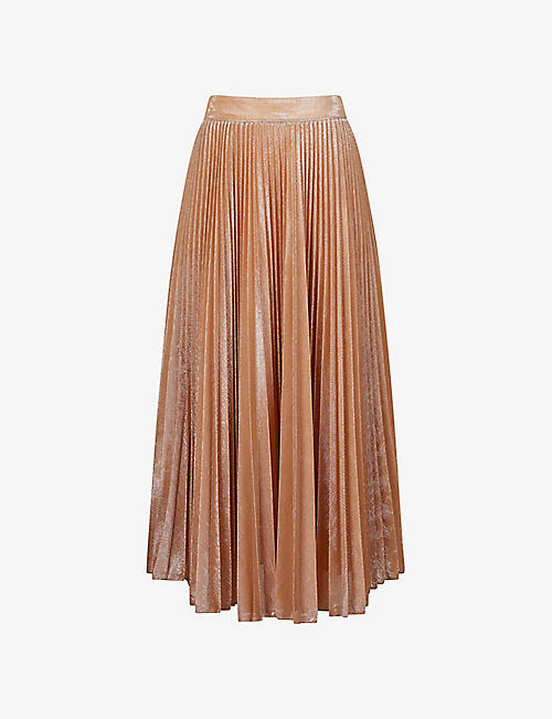 REISS: Alessia metallic woven pleated midi skirt