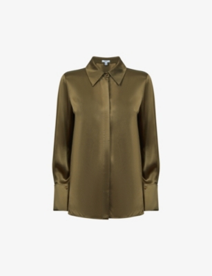 Reiss Womens Khaki Hailey Point-collar Silk Shirt