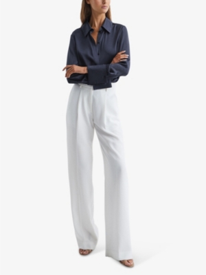 Shop Reiss Women's Navy Hailey Point-collar Silk Shirt
