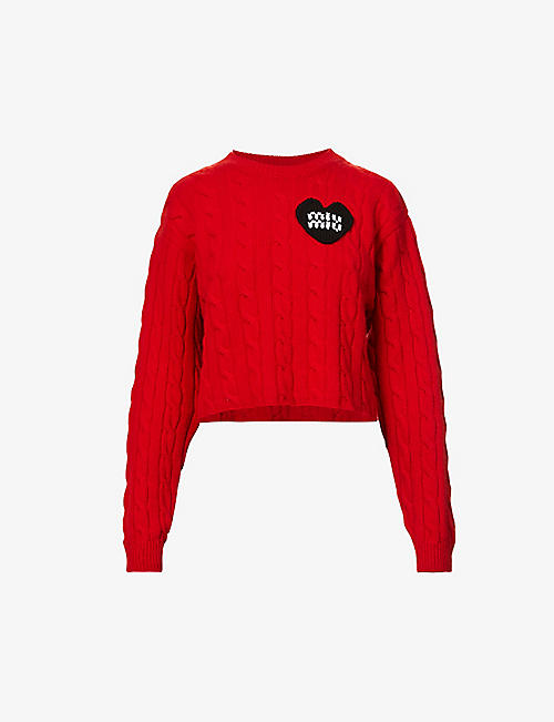 MIU MIU: Logo-embroidered cable-knit cashmere jumper