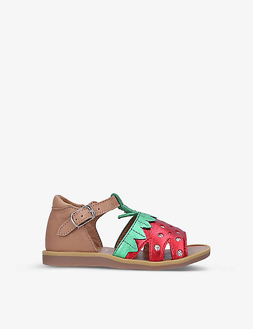 POM D'API: Poppy Berry strawberry-embellished leather sandals 6 months - 3 years