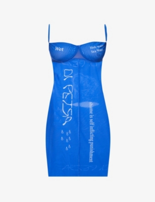 Di Petsa Wet Dreams Text-print Recycled-polyester Blend Mini Dress In Blue White Text