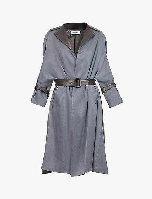 SITUATIONIST: Padded-shoulder belted silk and leather coat