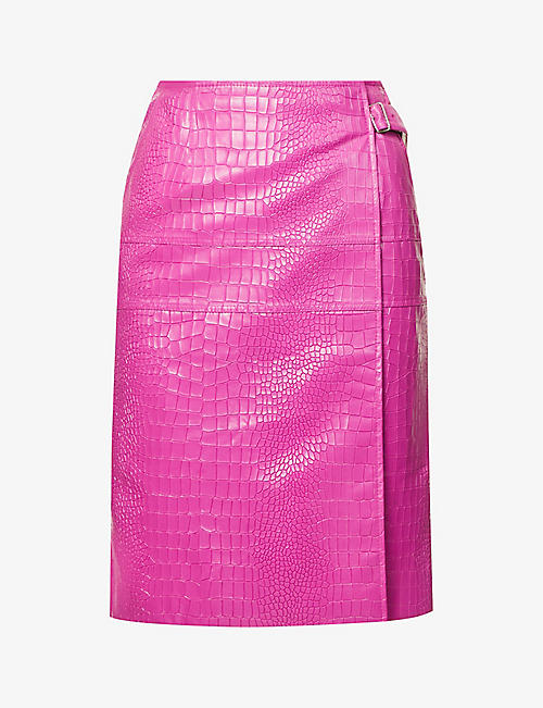 SITUATIONIST: Croc-embossed A-line leather midi skirt