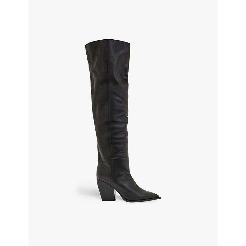 Shop Allsaints Reina Pointed-toe Knee-high Leather Boots In Black