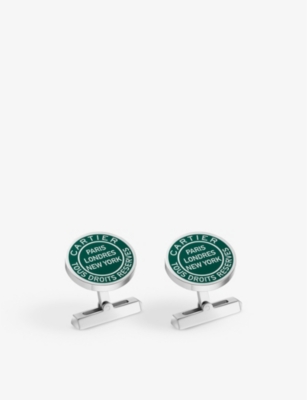 CROG000717 - Double C de Cartier cufflinks with Stamp motif in silver and  green lacquer. - Sterling silver, palladium finish, green lacquer. - Cartier