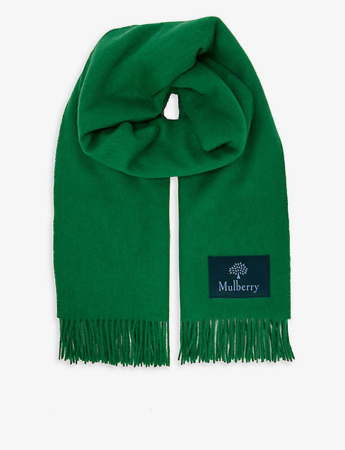 MULBERRY: Logo-patch fringed wool scarf