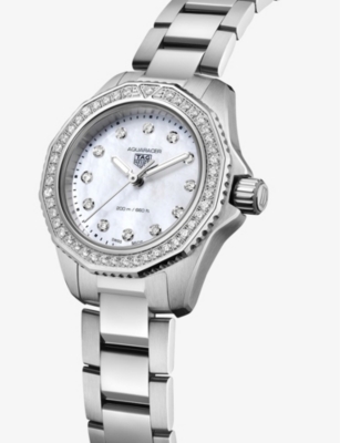 Shop Tag Heuer Womens White Wbp1417.ba0622 Aquaracer Stainless-steel And 0.55ct Diamond Quartz Watch