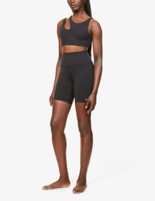 Shop Alo Yoga Women's Black Logo-print High-rise Stretch-woven Shorts