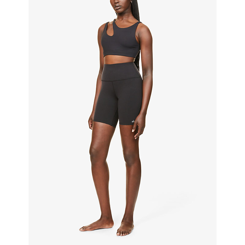 Shop Alo Yoga Women's Black Logo-print High-rise Stretch-woven Shorts
