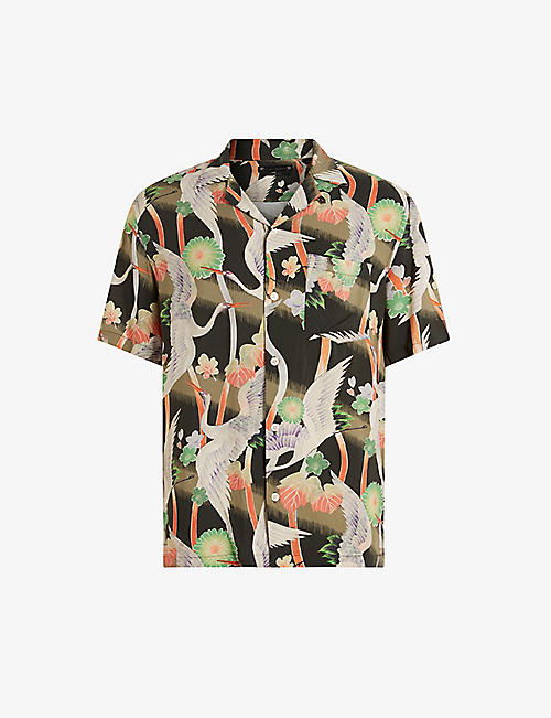 ALLSAINTS: Kuyo crane-print woven Hawaiian shirt
