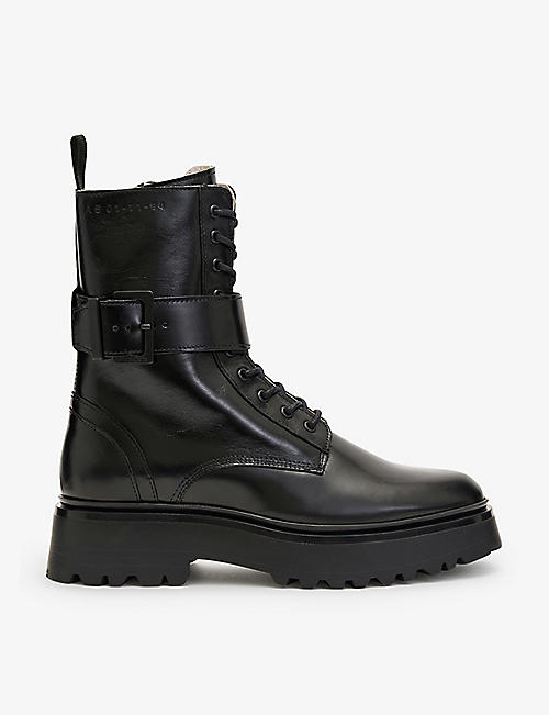 ALLSAINTS: Onyx logo-embossed leather biker boots