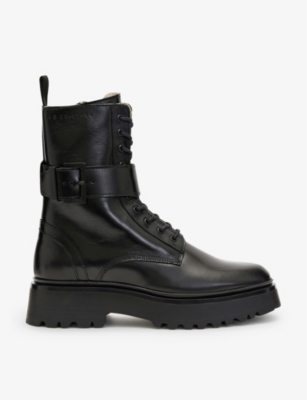 Shop Allsaints Women's Black Onyx Logo-embossed Leather Biker Boots