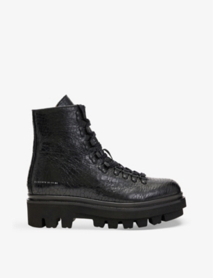 Allsaints Wanda Croc-embossed Leather Lace-up Boots In Black