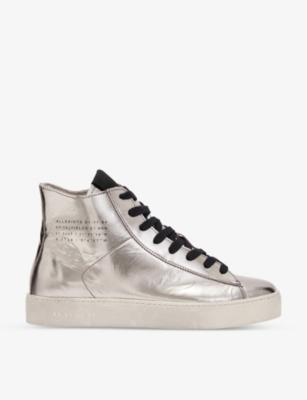 Shop Allsaints Women's Silver Tana Metallic High Top Leather Trainers