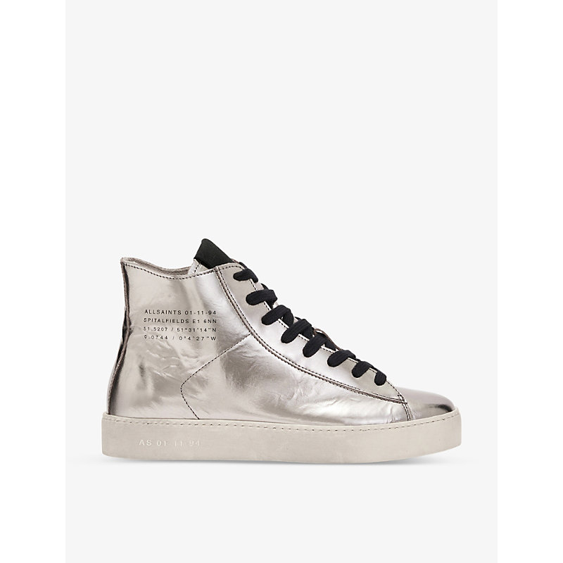 Shop Allsaints Womens Silver Tana Metallic High Top Leather Trainers